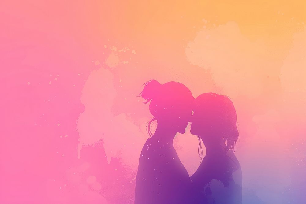 Minimal flat vector of a lesbian couple in gradient background silhouette outdoors romantic.