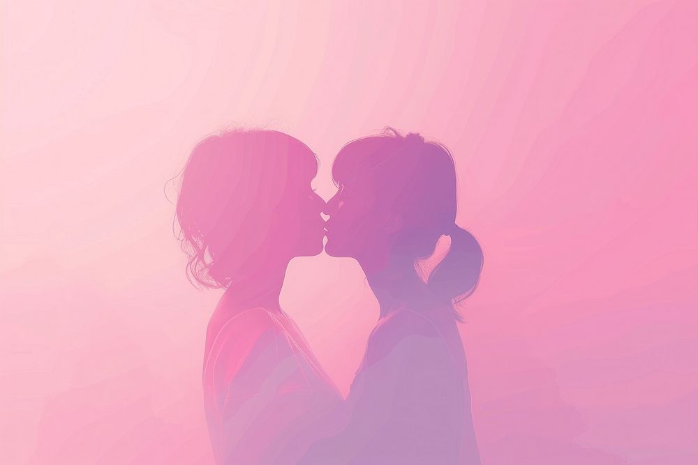 Minimal flat vector of a lesbian couple in gradient background silhouette romantic kissing.