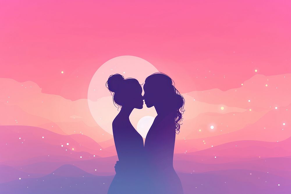 Minimal flat vector of a lesbian couple in gradient background silhouette adult love.
