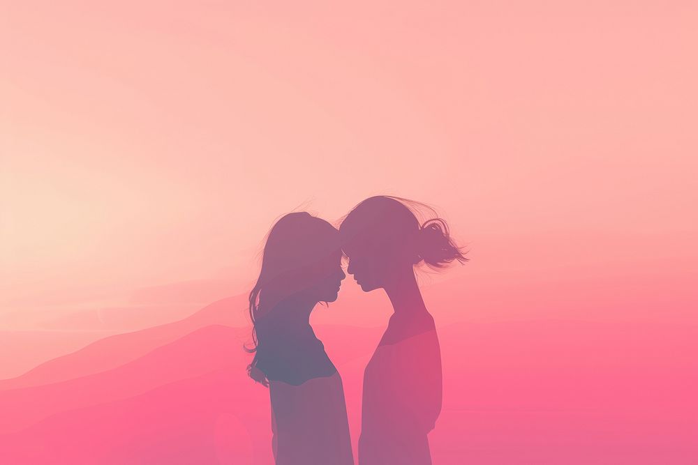 Minimal flat vector of a lesbian couple in gradient background backlighting adult love.