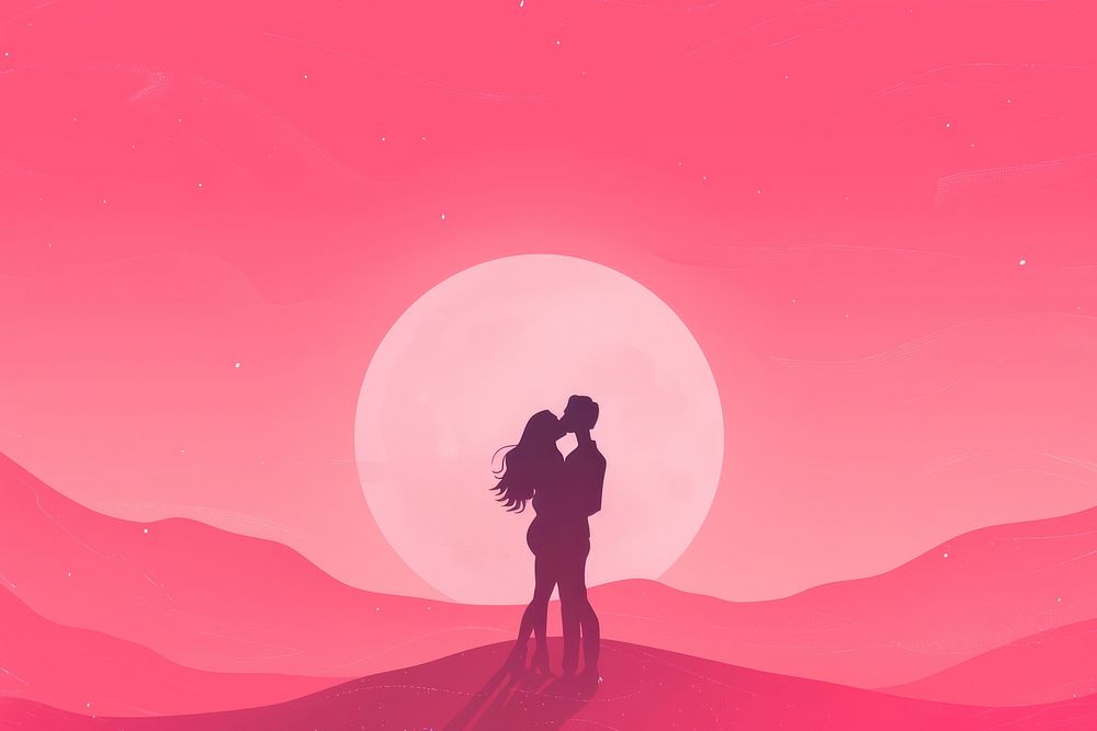 Minimal flat vector of kissing couple in gradient background adult pink togetherness.