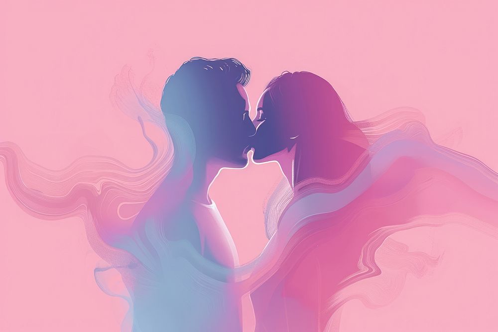 Minimal flat vector of kissing couple in gradient background abstract romantic purple.