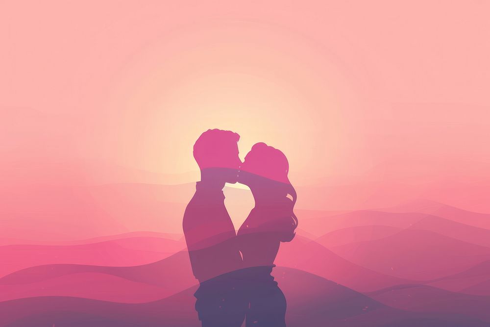 Minimal flat vector of kissing couple in gradient background backlighting adult pink.