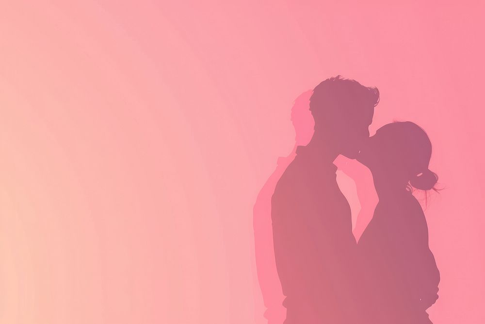 Minimal flat vector of kissing couple in gradient background romantic pink red.