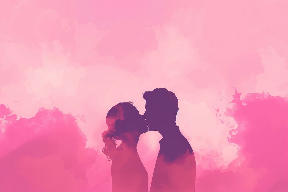 Minimal flat vector of kissing couple in gradient background silhouette romantic purple.