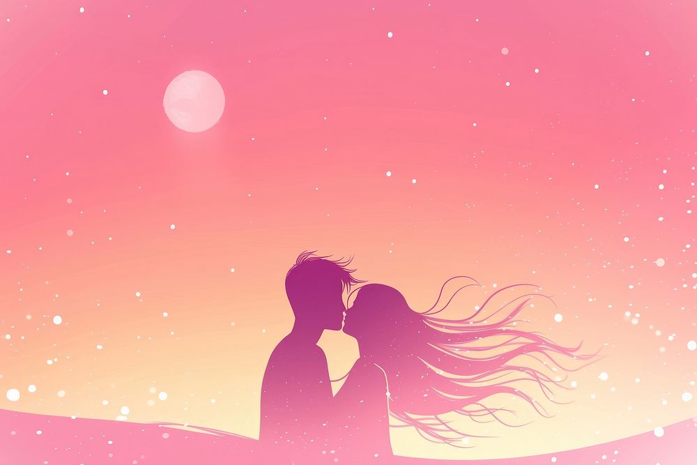 Minimal flat vector of kissing couple in gradient background astronomy outdoors romantic.