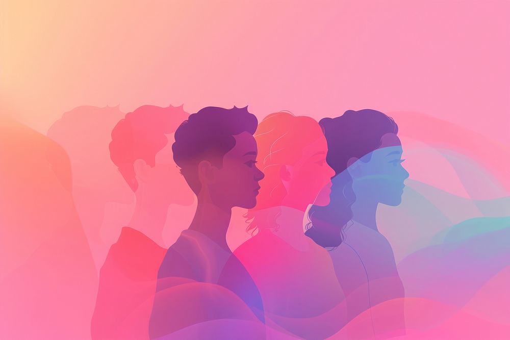 Minimal flat vector of LGBT people in gradient background abstract romantic purple.