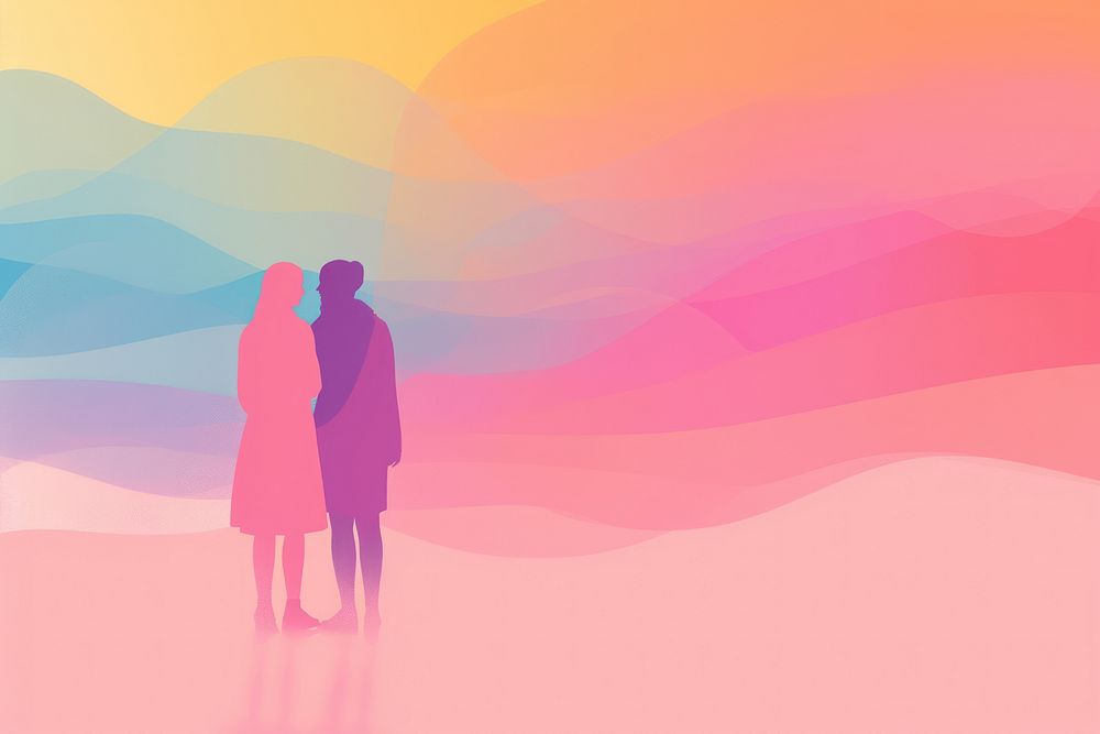 Minimal flat vector of LGBT people in gradient background abstract pink red.