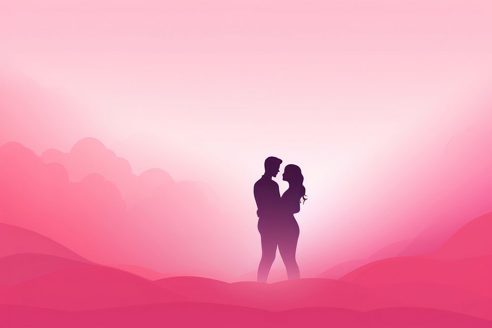 Minimal flat vector of people hugging in gradient background silhouette pink red.