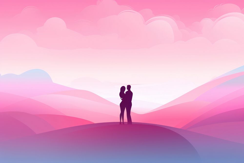 Minimal flat vector of people hugging in gradient background pink togetherness affectionate.