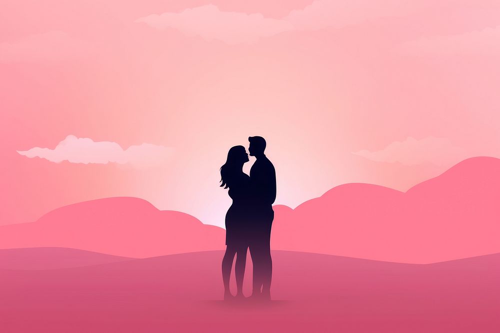 Minimal flat vector of people hugging in gradient background pink affectionate togetherness.
