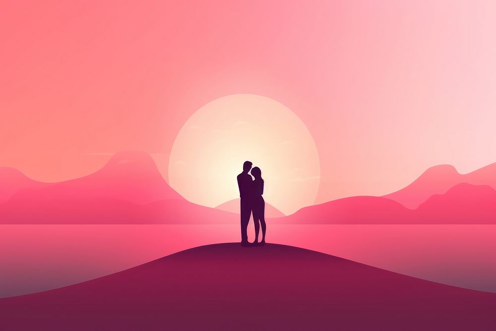 Minimal flat vector of people hugging in gradient background outdoors nature photo.