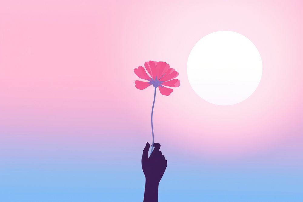 Minimal flat vector of person holding flower in gradient background outdoors nature petal.