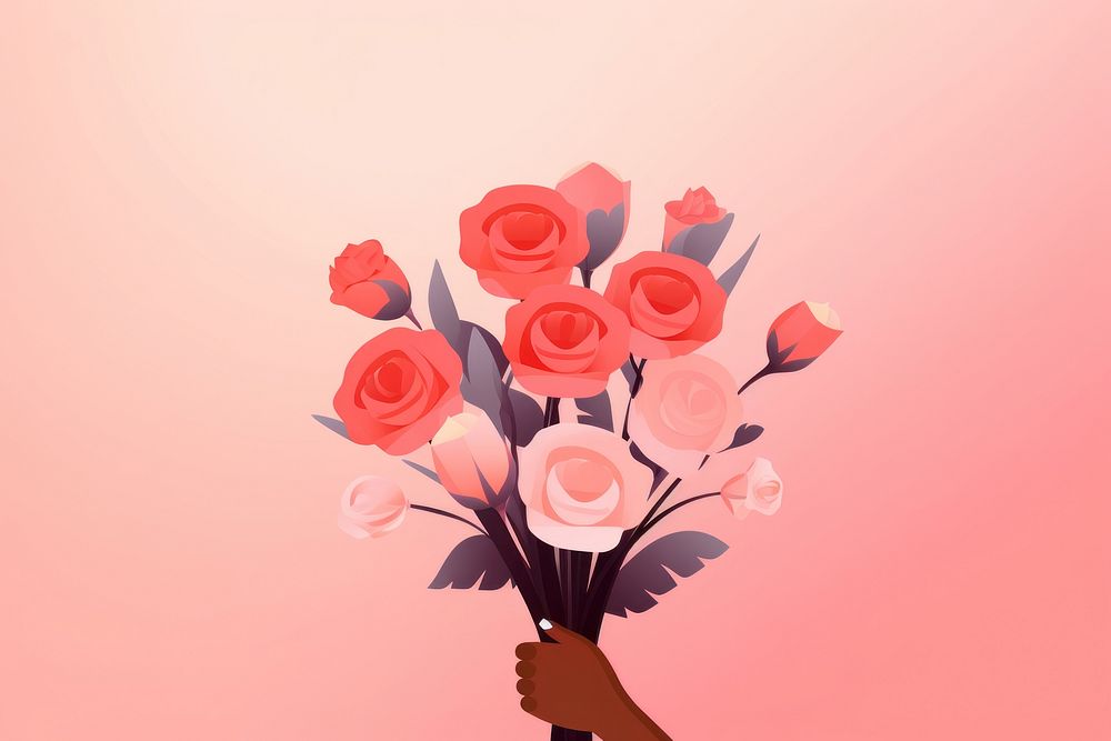 Minimal flat vector of person holding flower bouquet in gradient background plant rose pink.