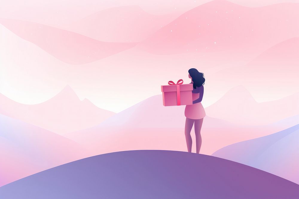 Minimal flat vector of person holding gift box in gradient background pink red happiness.