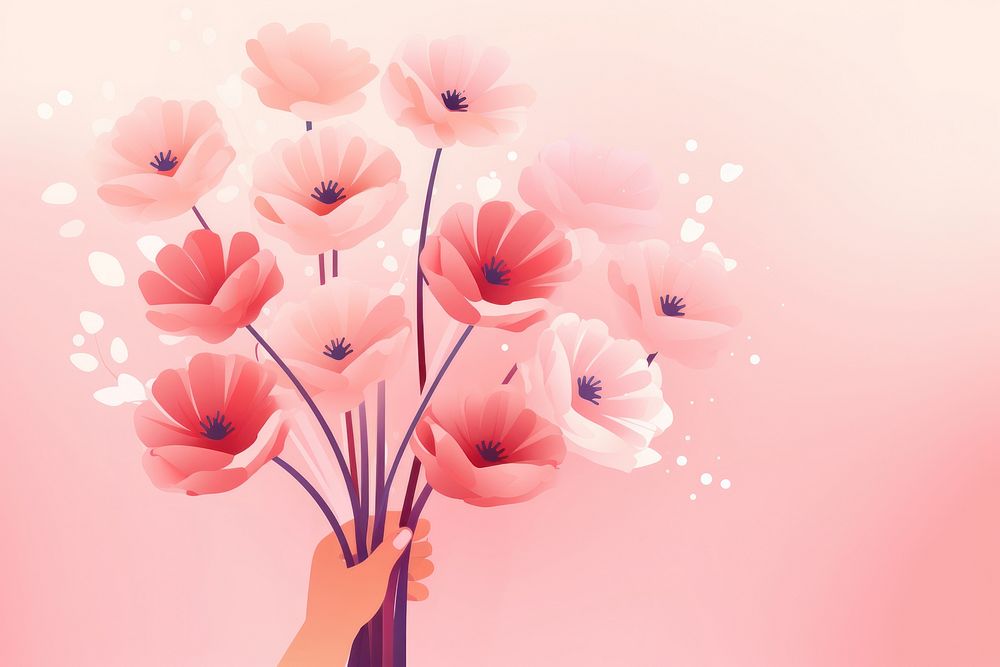 Minimal flat vector of person holding flower bouquet in gradient background plant pink red.