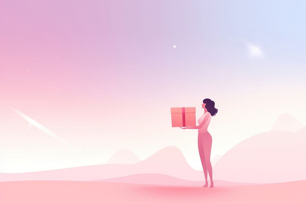 Minimal flat vector of person holding gift box in gradient background adult pink tranquility.
