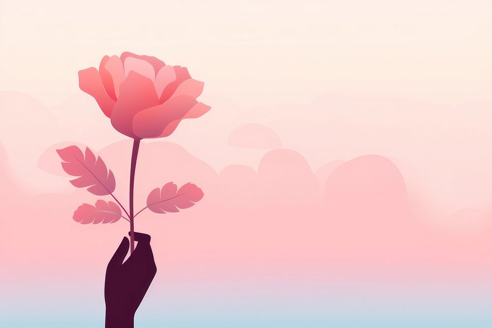 Minimal flat vector of person holding flower in gradient background outdoors petal plant.