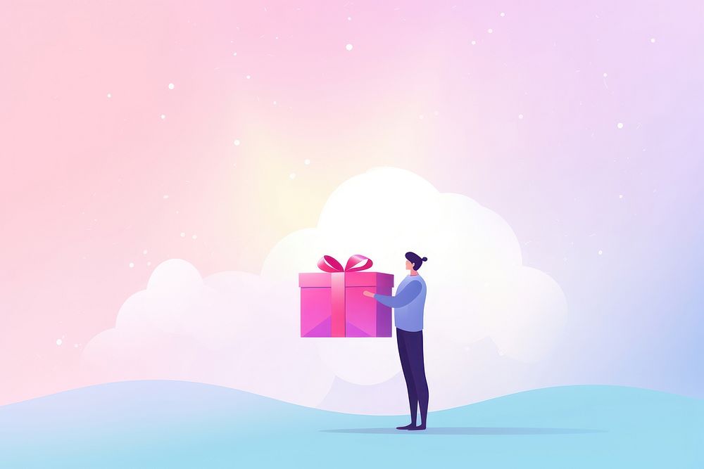 Minimal flat vector of person holding gift box in gradient background pink celebration christmas.