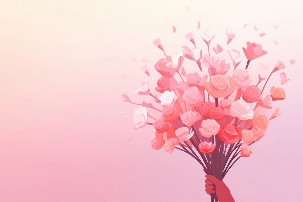 Minimal flat vector of person holding flower bouquet in gradient background petal plant pink.