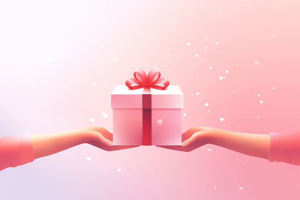Minimal flat vector of person holding gift box in gradient background pink red celebration.