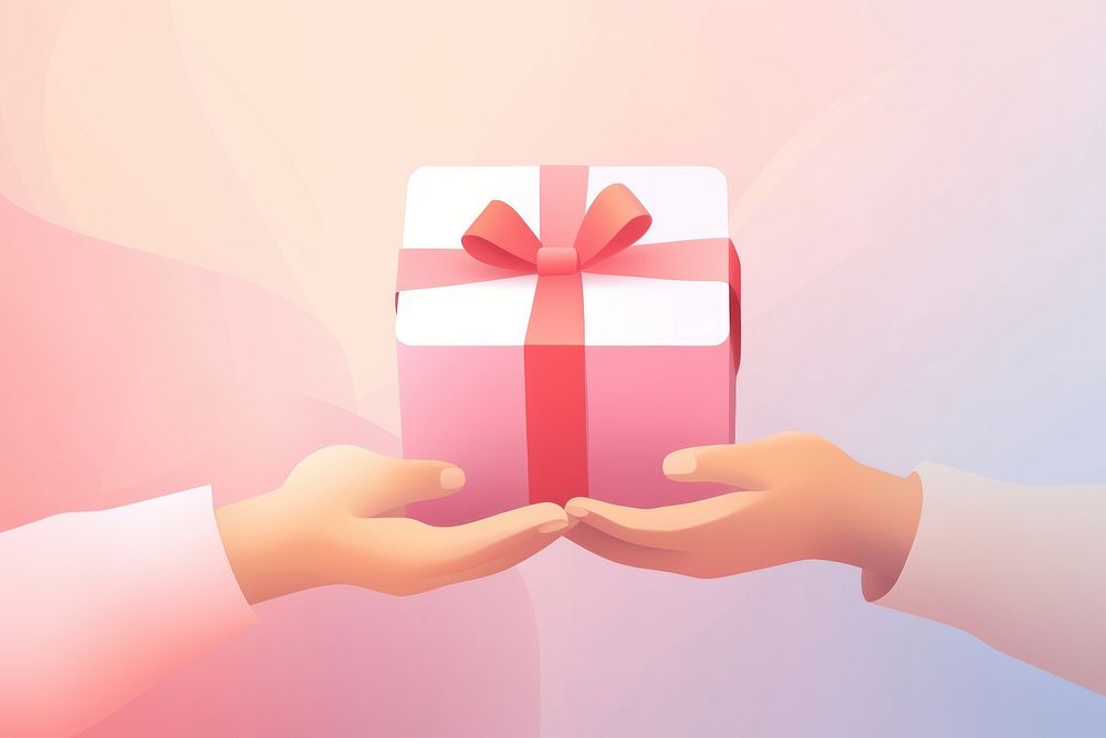 Minimal flat vector of person holding gift box in gradient background pink red celebration.