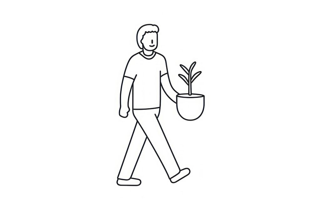Man walking and holding potted plant drawing cartoon sketch.