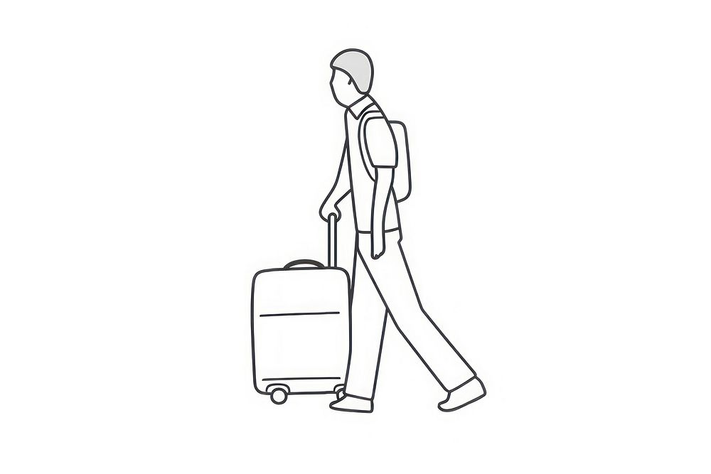 Man walking with luggage drawing suitcase cartoon.