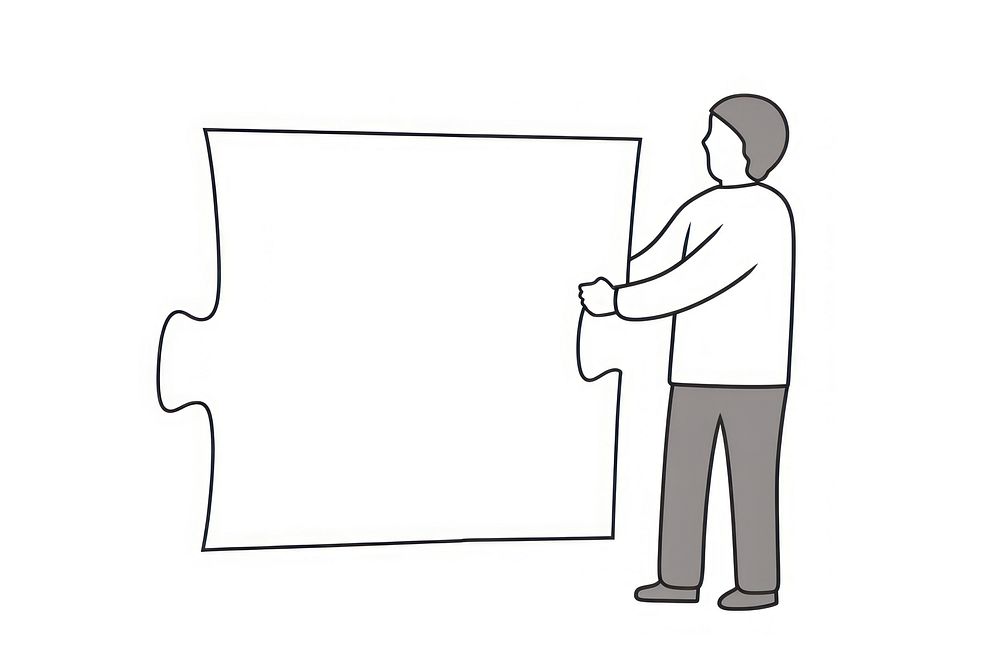Man holding a big jigsaw piece drawing cartoon line.