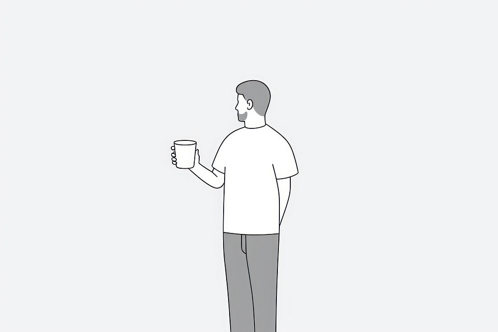 Man holding coffee cup drawing cartoon sketch.