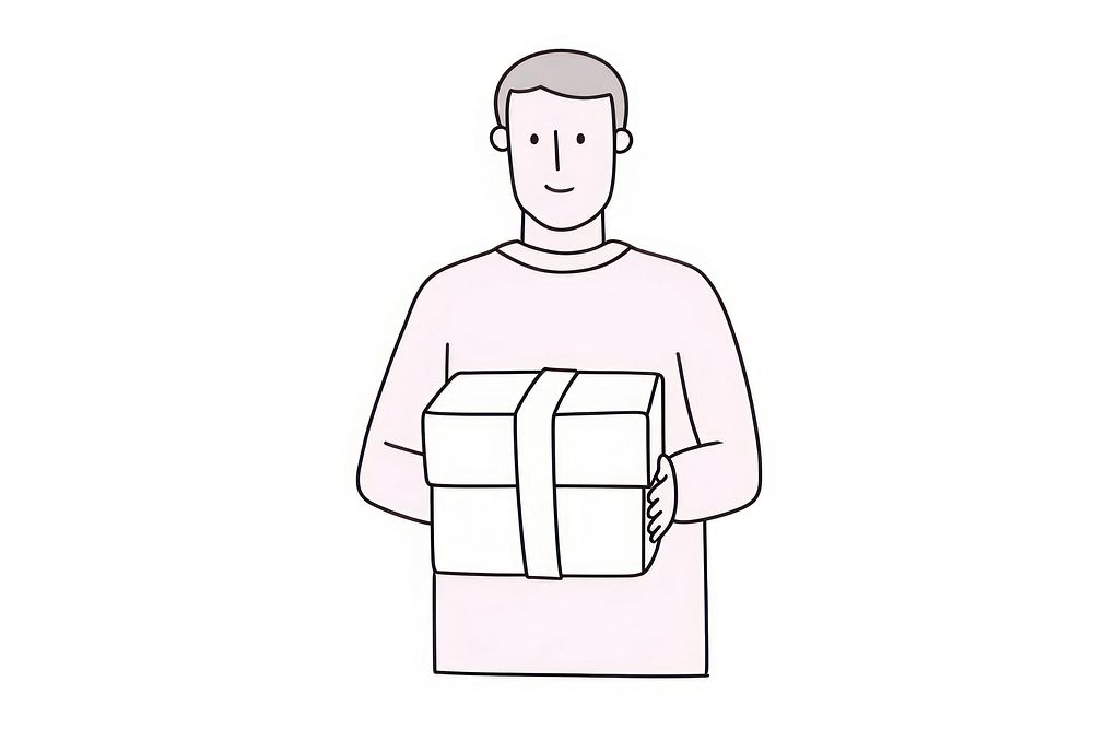 Man holding gift cardboard cartoon drawing.