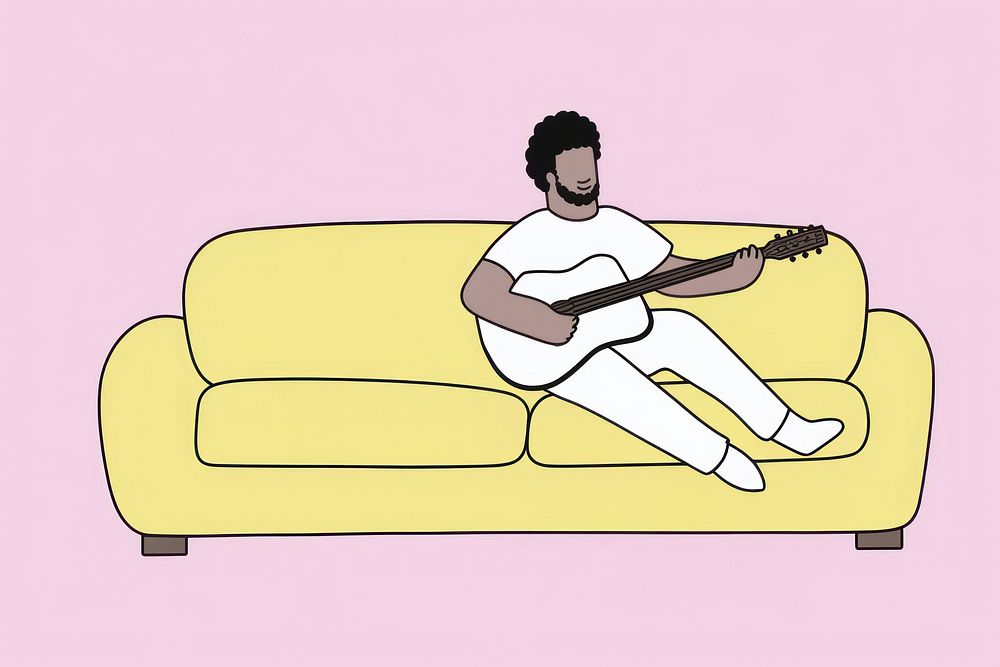 Man playing guitar on a couch furniture musician drawing.