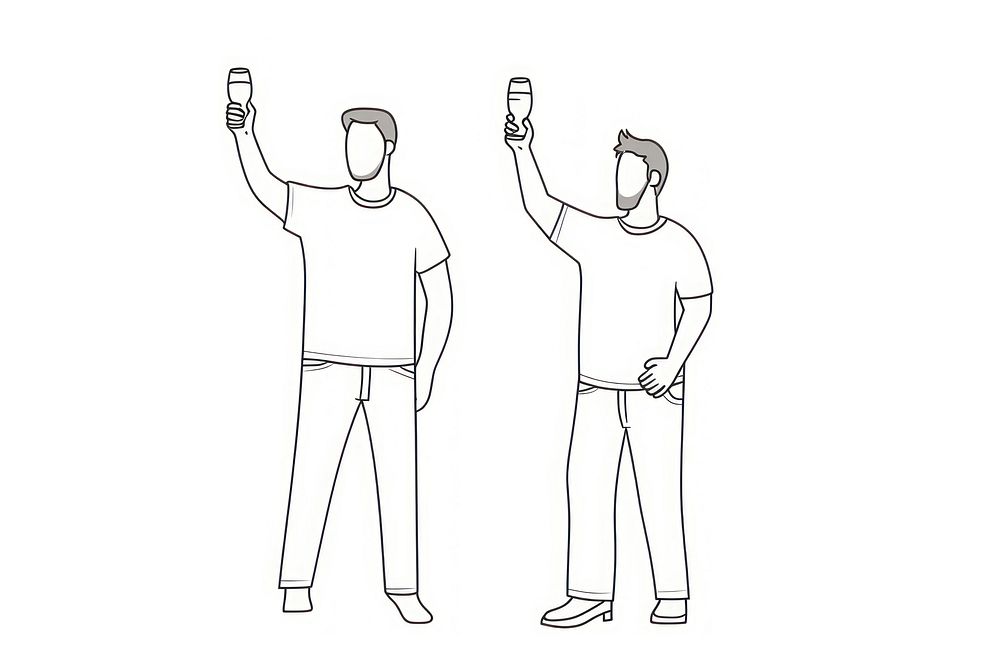 Men holding glass of beer drawing cartoon sketch.