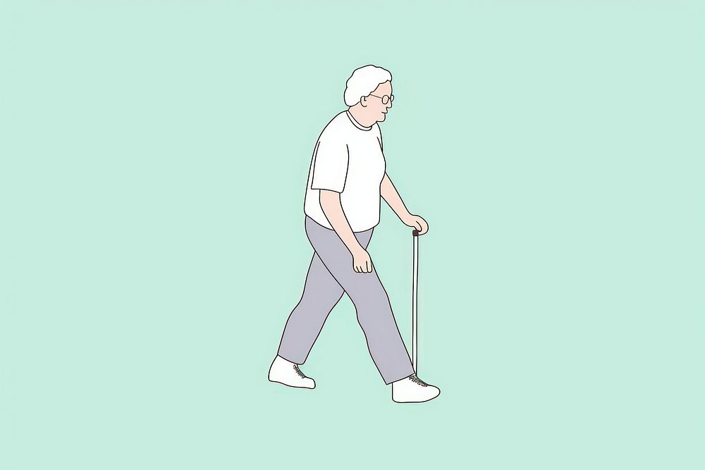 Old lady walking with cane cartoon line cleanliness.