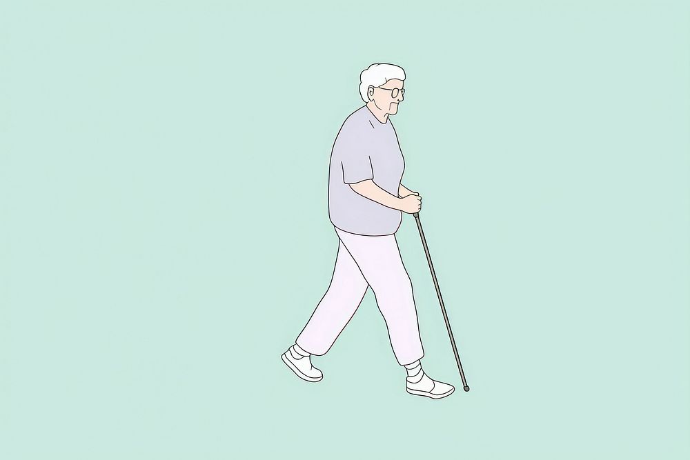 Old lady walking with cane drawing cartoon sketch.
