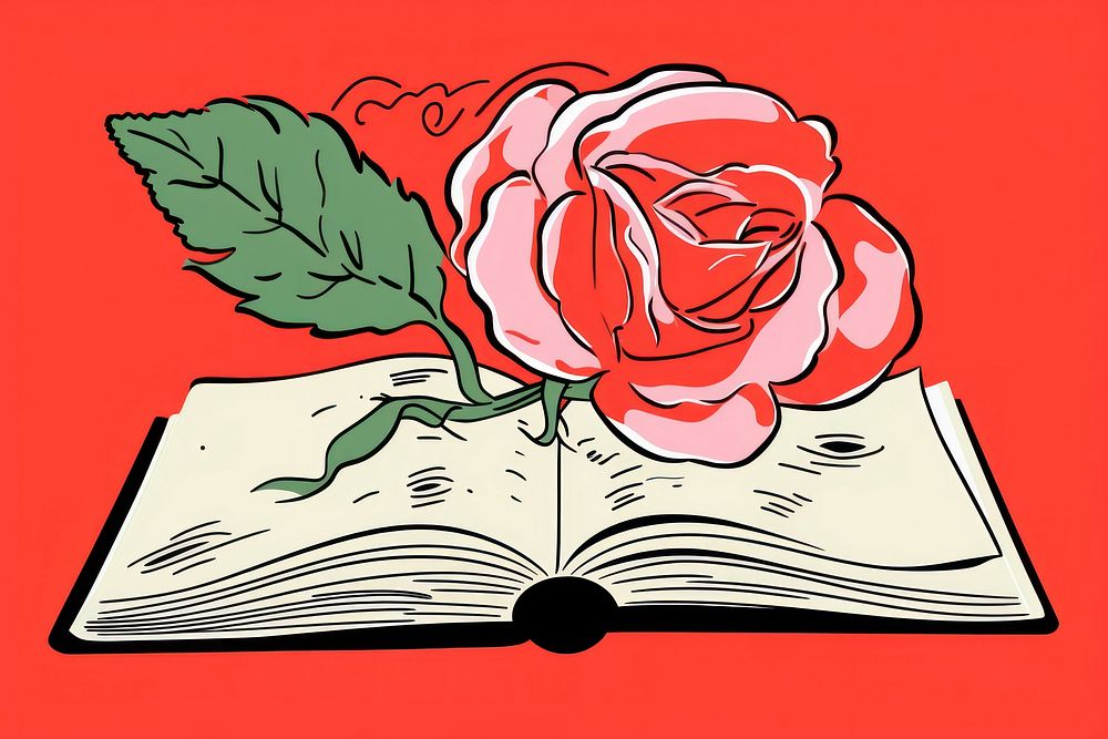 An open book with rose on the top art publication cartoon.
