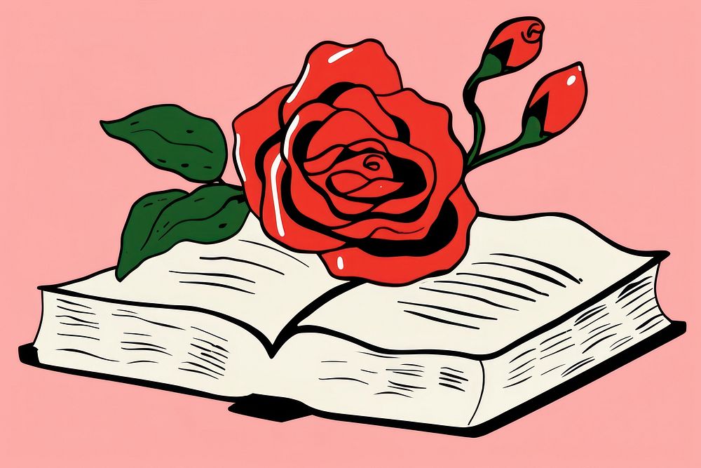 An open book with rose on the top publication cartoon flower.