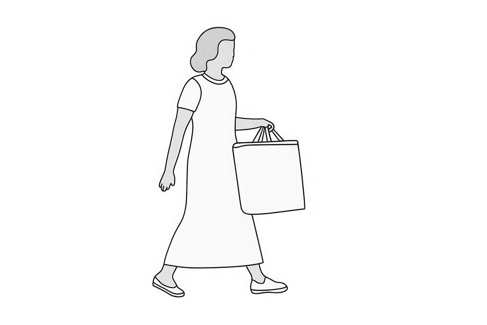 Black woman holding shopping bag drawing cartoon sketch.