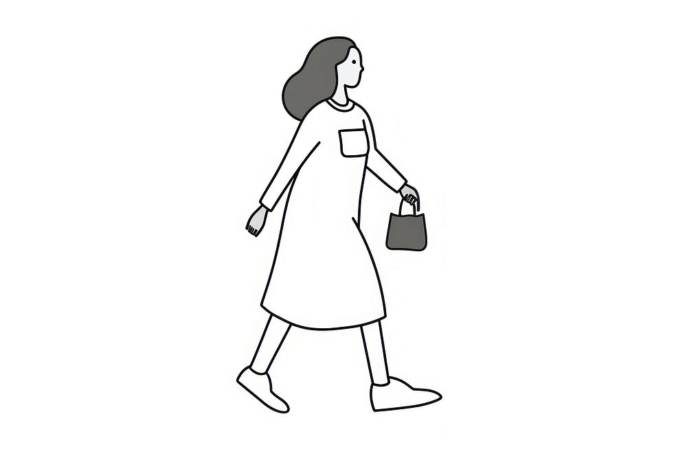Black woman holding shopping bag drawing cartoon line.