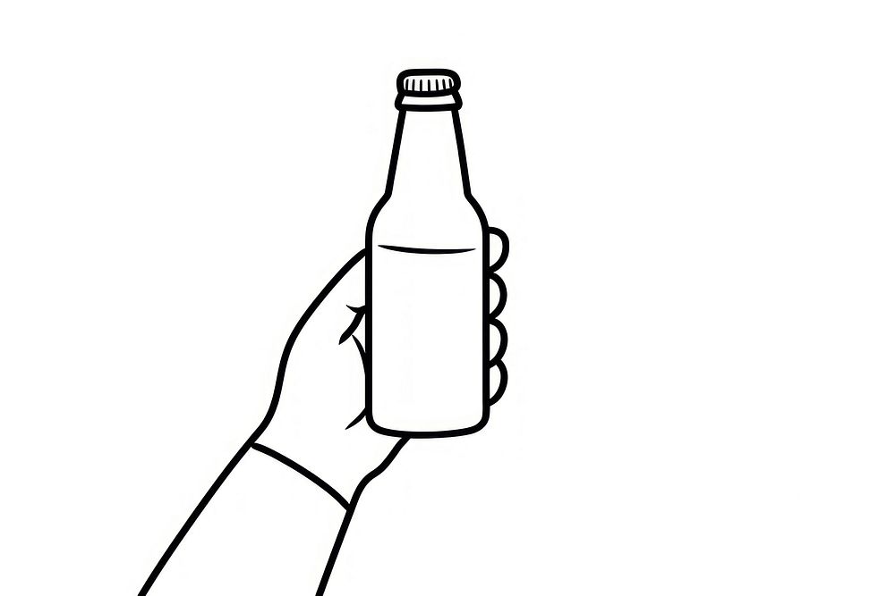 Hand holding beer bottle drawing drink line.