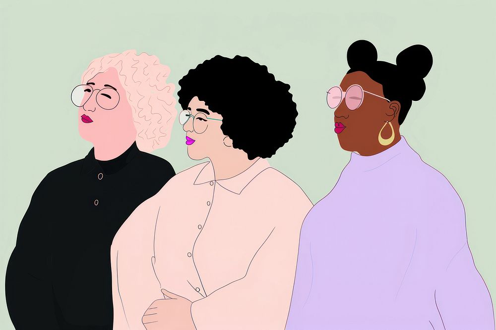 Three diverse women cartoon drawing sketch.