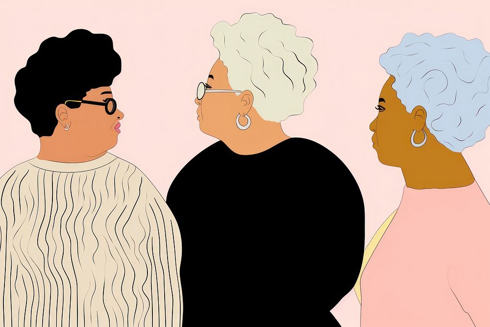 Three diverse women drawing cartoon glasses.