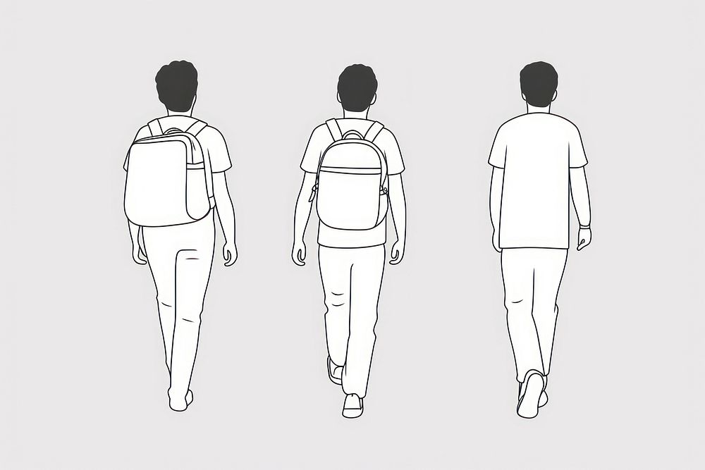 Three student walking with backpack drawing cartoon sketch.