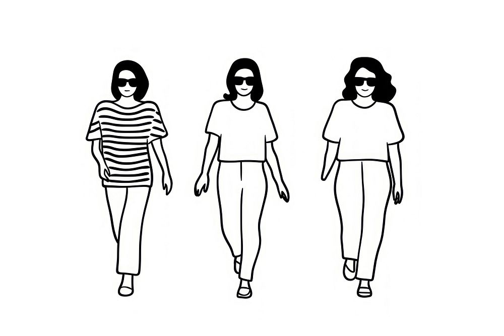 Three woman walking wearing sunglasses drawing footwear cartoon.