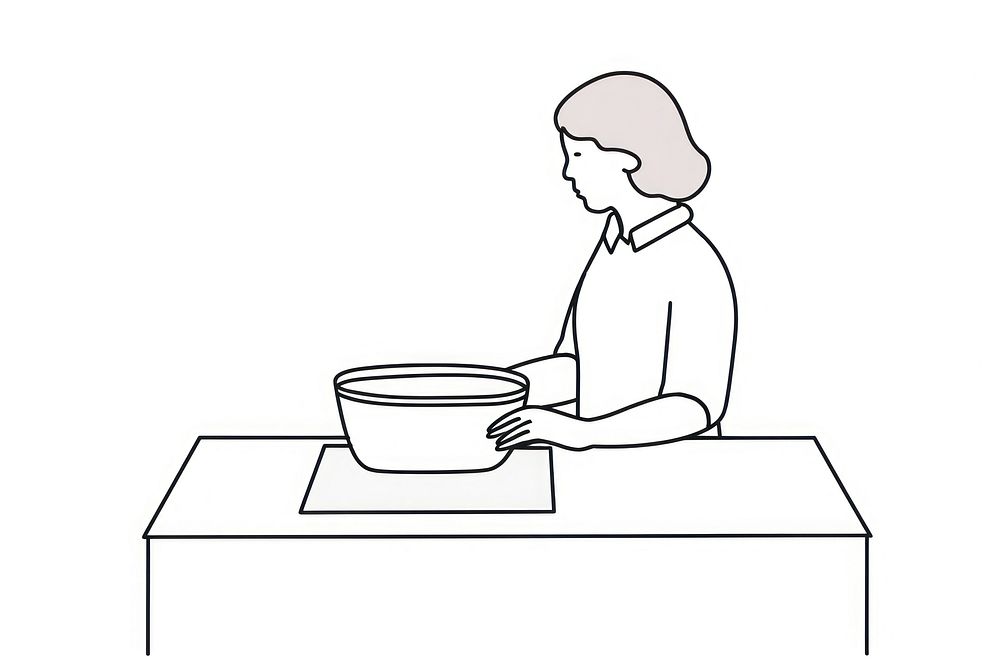 Woman cooking with pan drawing cartoon sketch.