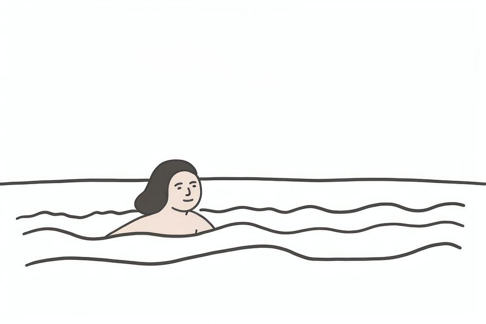 Woman swimming drawing cartoon bathtub.