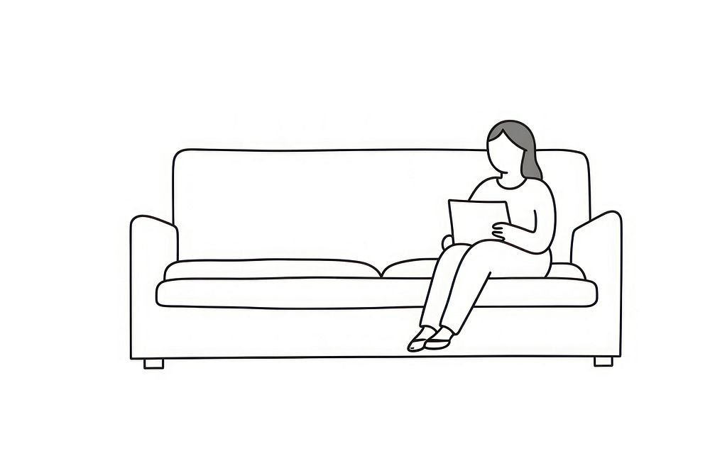 Woman sit o a couch with cat drawing furniture sitting.