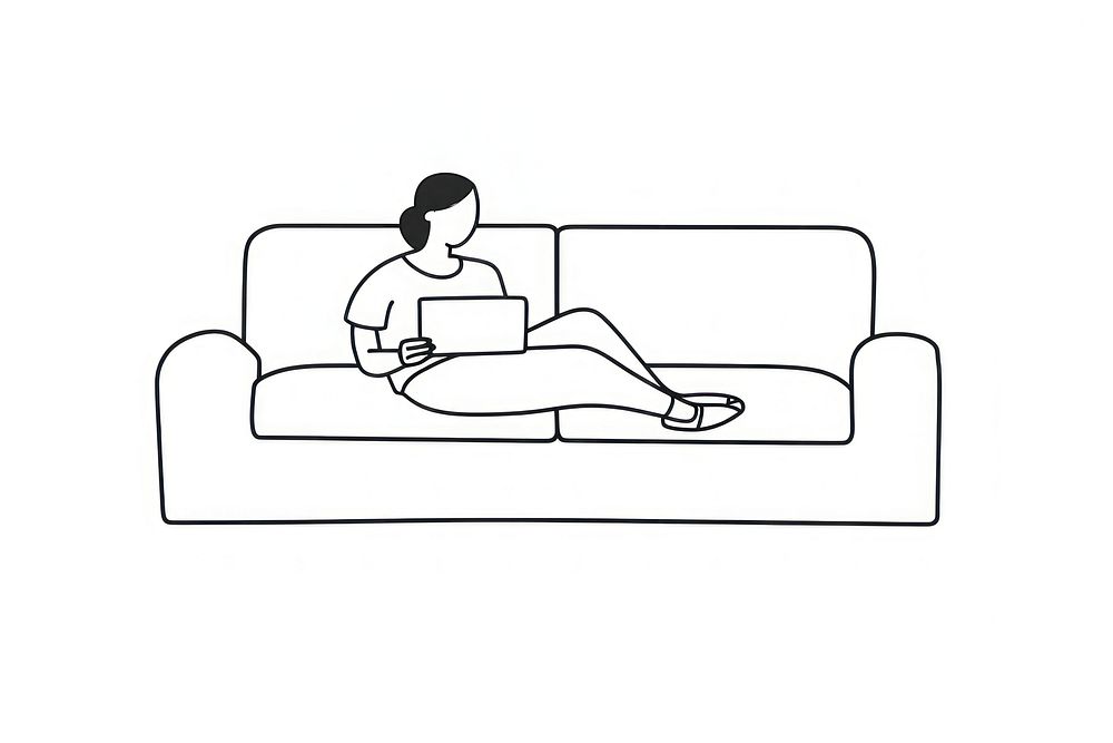 Woman working on her laptop on a couch drawing furniture sitting.
