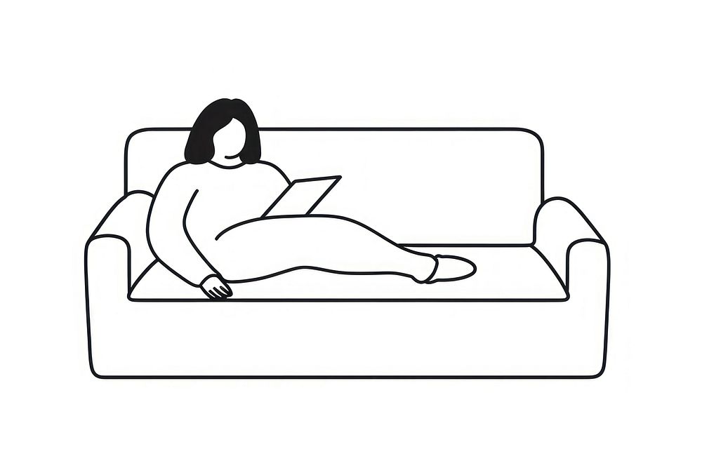 Woman working on her laptop on a couch drawing furniture cartoon.