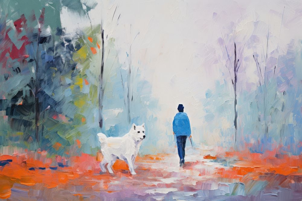 A men walking with his dog Samoyed in the park in London painting outdoors mammal.
